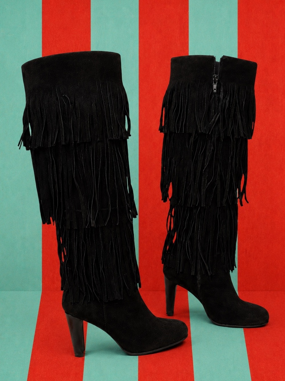 Stuart Weitzman Black Suede Fringe Knee-High Heeled Boots